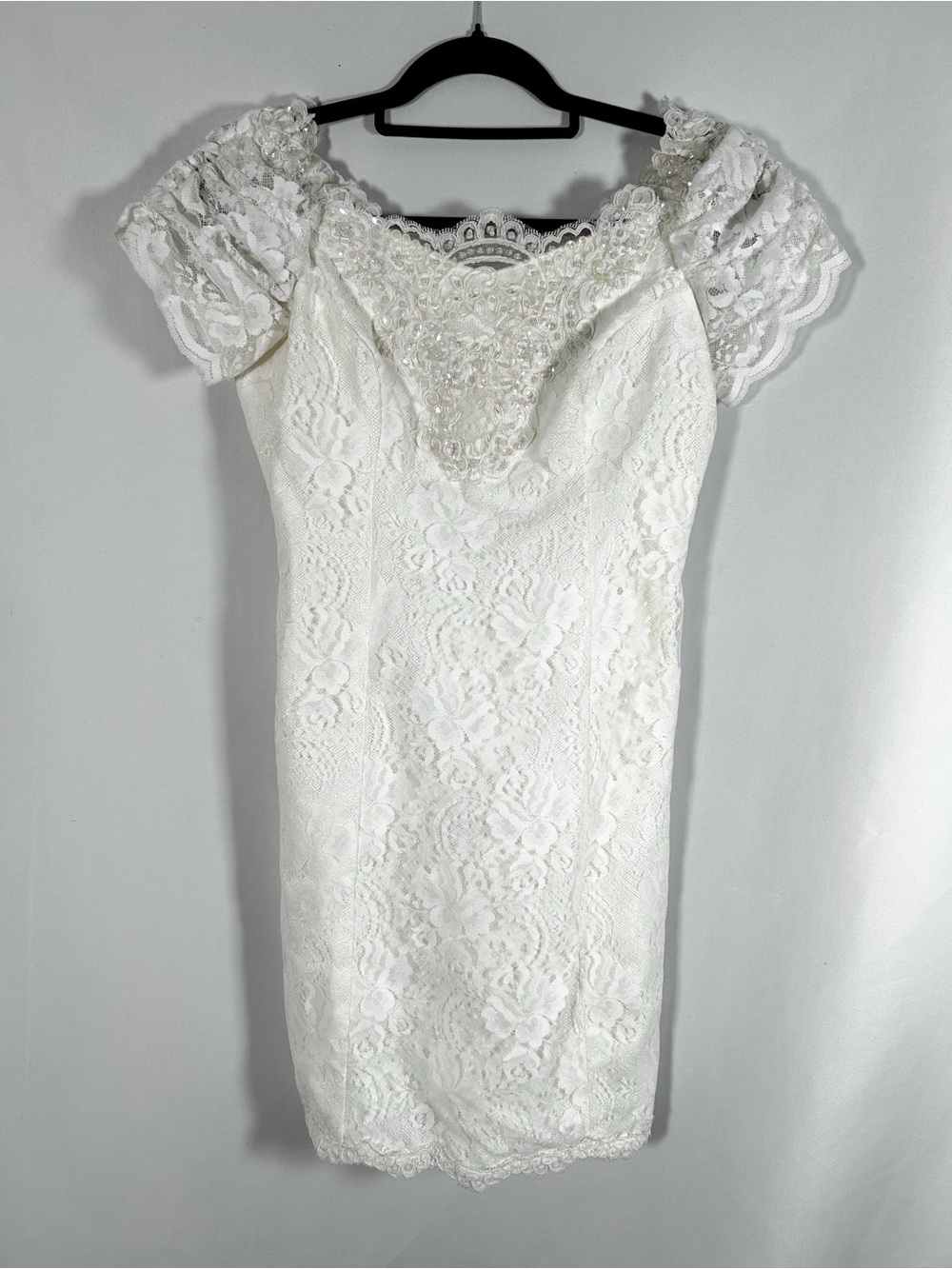 Vintage Ivory Lace & Sequin Beaded Short Wedding / Bridal / Formal Dress